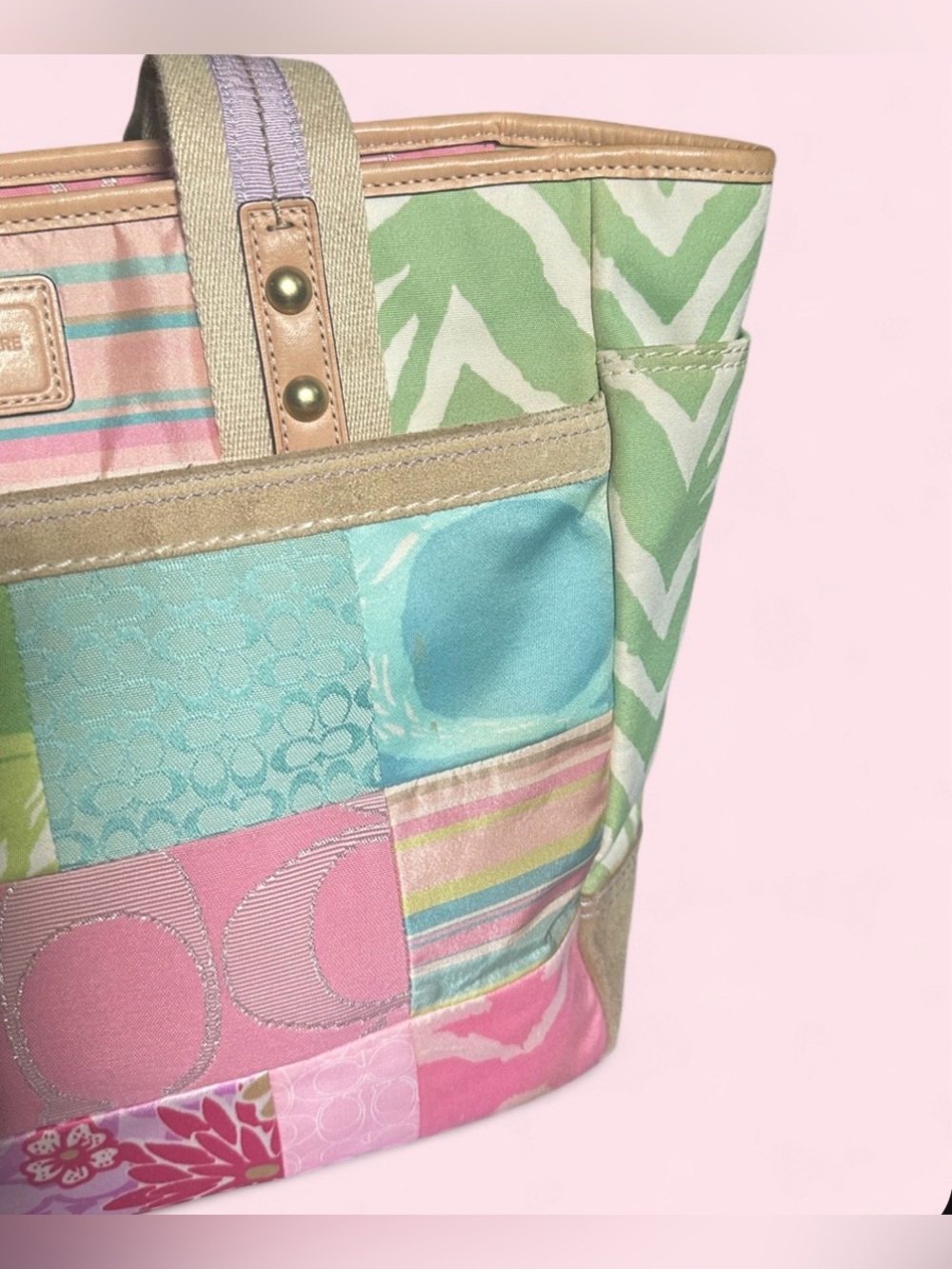 SOLD - rare vintage Y2K Coach Hamptons spring pastel patchwork tote bag - Picture 4 of 14